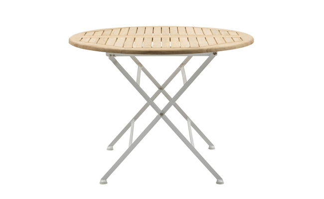 Merano-havebord-100-x-76-cm-–-Rundt-havebord-med-hvide-metalben teak havemøbler