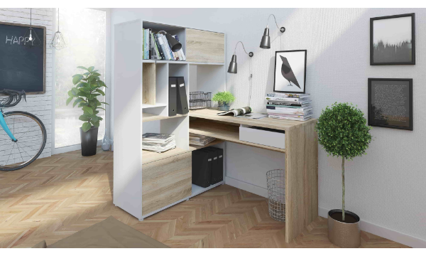 Function Plus hjørneskrivebord – hvid/egetræsstrutur, m. 1 skuffe er en smuk og anderledes arbejdsstation